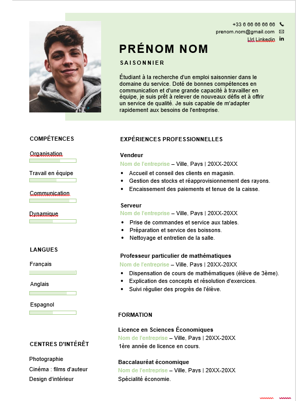 CV Emploi Saisonnier Étudiant